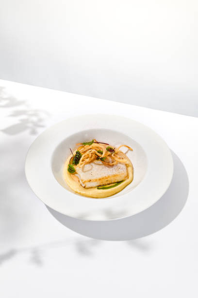 istock Roasted squid on mashed potatoes and crispy onion. Grilled squid with celery cream on white plate with shadows of leaves. Summer seafood menu. Roasted calamari in fine dining. 1460955504