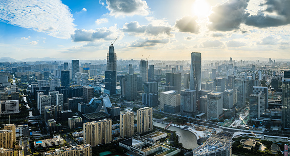 Aerial view of city skyline and modern buildings scenery in Ningbo, Zhejiang Province, China. East new town of Ningbo, It is the economic, cultural and commercial center of Ningbo City.