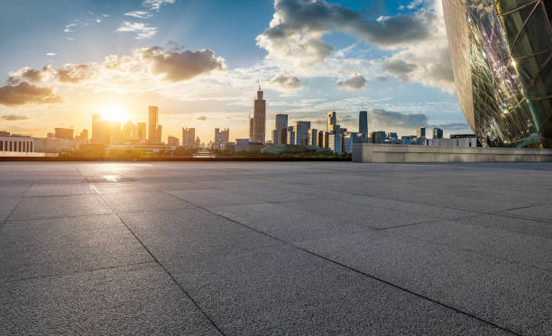 istock Empty floor and city skyline at sunset in Ningbo 1460956210