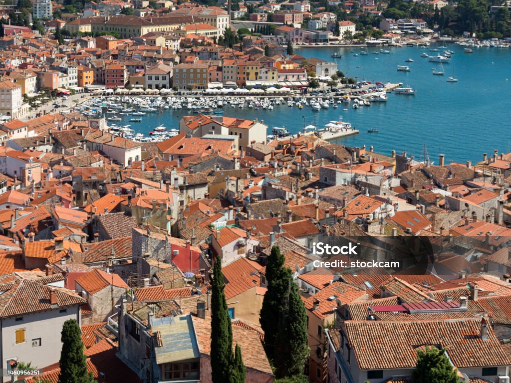 The old town center of Rovinj, Croatia The harbour of Rovinj, Croatia, see from the town church spire Aerial View Stock Photo
