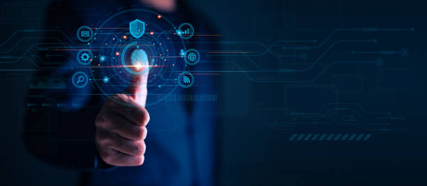 istock Businessman using fingerprint identification to access personal data, Biometrics security and innovation technology against digital cyber crime 1460957315