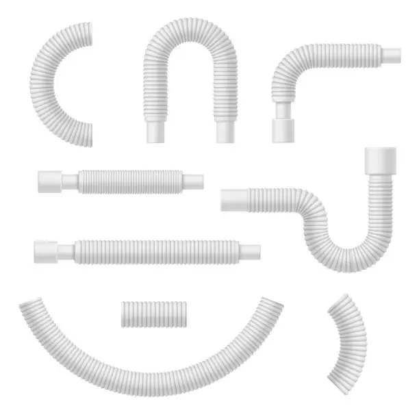 Vector illustration of Corrugated tubes hose connections various shape curved plastic pipes set realistic vector