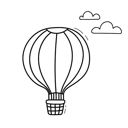Hand drawn doodle of hot air balloon in clouds. Air transport for travel. Vector sketch Isolated on white background for coloring book