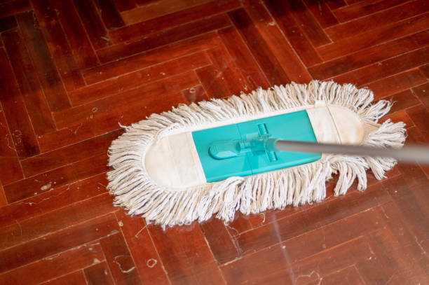 istock Female hand in protective gloves using a flat wet-mop while cleaning the floor in the house. 1460962292
