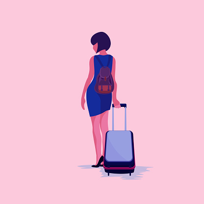 Girl walking around airport with travel suitcase.Young woman traveling with luggage in vacation. Isolated tourist female character . Concept of summer travel, tourism, activity. Vector illustration in cartoon flat design .