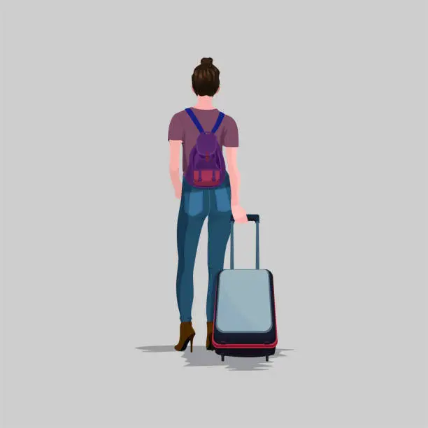 Vector illustration of Girl walking around airport with travel suitcase.Young woman traveling with luggage in vacation. Isolated tourist female character . Concept of summer travel, tourism, activity. Vector illustration in cartoon flat design .