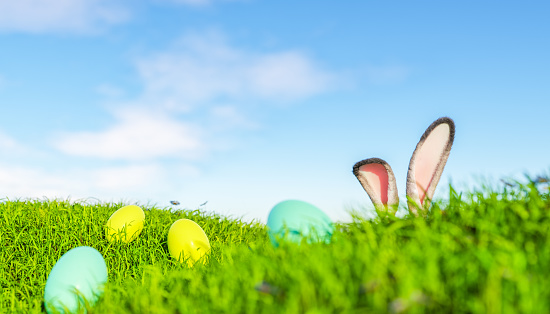 3D rendering of ground level of bright painted eggs and bunny ears on grassy green meadow against cloudy blue sky during Easter holiday