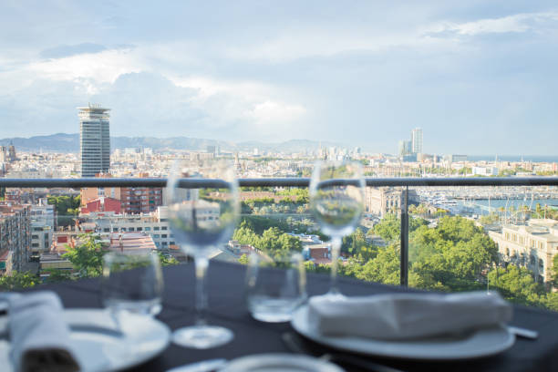 istock Elegant restaurant table with cutlery, crockery and glasses. 1460970509