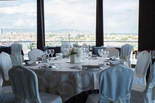 istock Elegant restaurant table with cutlery, crockery and glasses. 1460970512