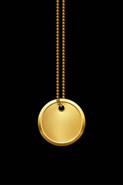 Vector illustration of Empty circle golden military or dogs badge hanging on chain. Vector army round object isolated on black background. Pendant with blank space for identification, blood type in case of death and injury