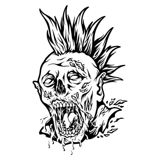 Vector illustration of Scary head zombie punk black and white