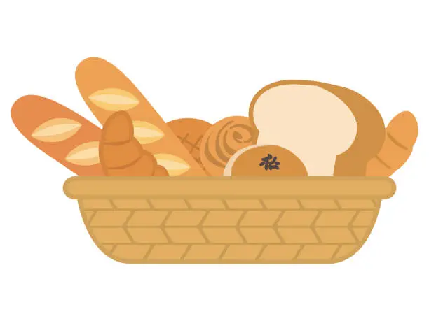Vector illustration of Bread in a basket. breakfast.
