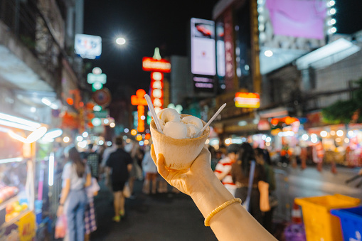 Delicious coconut  ice cream in Chinatown night market in Bangkok