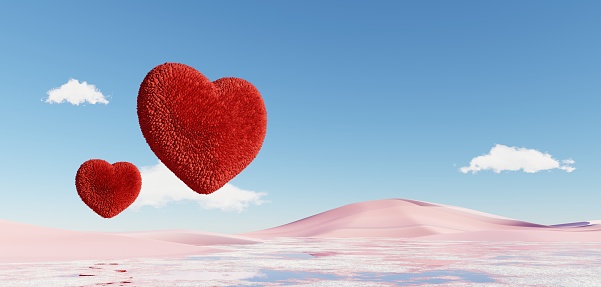 Happy Valentines Day. Minimal sweet love scene with fluffy heart floating in the air that on cloud and blue sky. Cute lovely heart background. Love day's design style. 3D render.