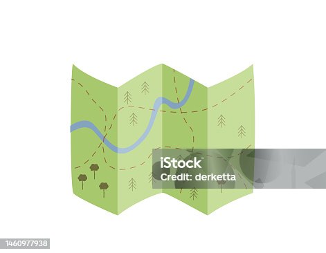 istock Paper map for tourists, hiking and traveling. The route on the map for tourists, camping. Vector doodle illustration. 1460977938
