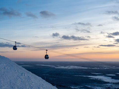 Ski lift gondola during sunset in Levi, Kittilä, Lapland, Finland