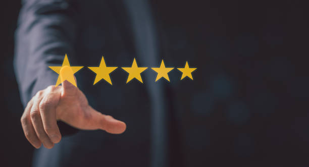 istock customer services best excellent business rating experience. Satisfaction survey concept. Hand of a businessman chooses a 5 Star Satisfaction. 1460978674