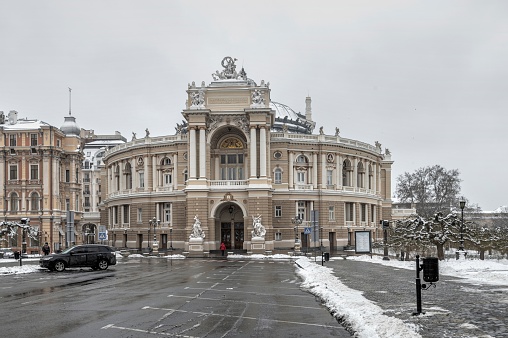 Odessa, Ukraine 29.01.2023. Opera theater in Odessa, Ukraine, on a gloomy winter day