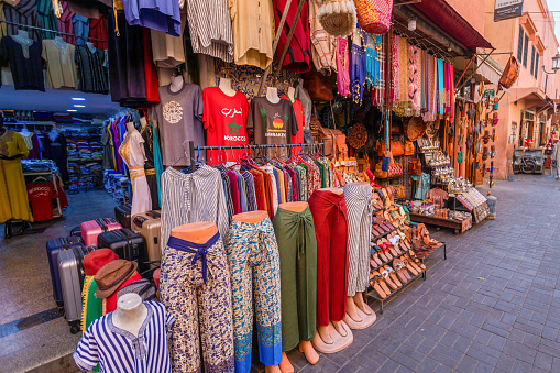 Textile stores in souks of Medina in Marrakech