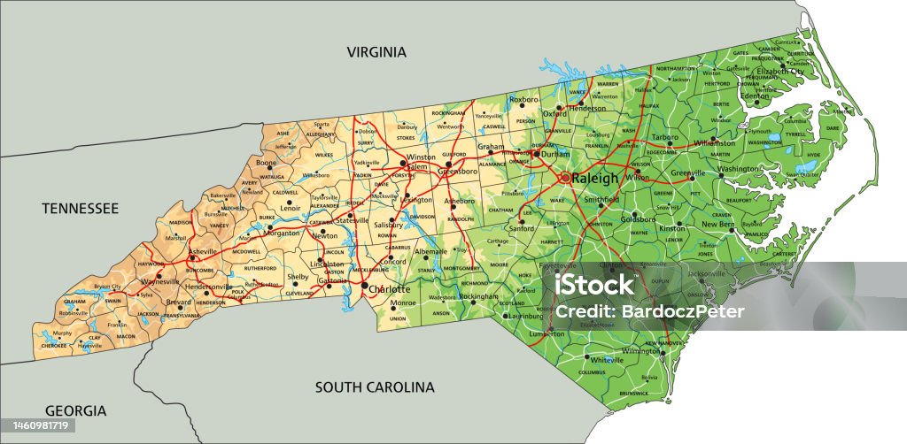 High Detailed North Carolina Physical Map With Labeling Stock