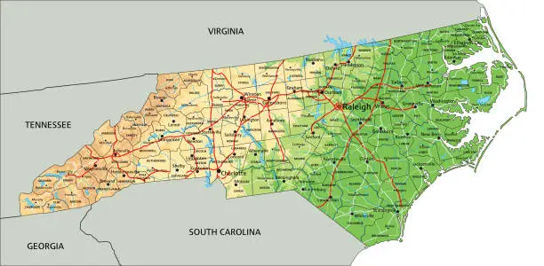 Vector illustration of High detailed North Carolina physical map with labeling.