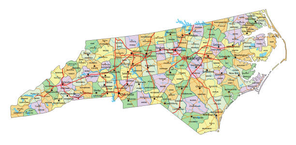 north carolina - sehr detaillierte bearbeitbare politische karte mit beschriftung. - north carolina raleigh north capital stock-grafiken, -clipart, -cartoons und -symbole