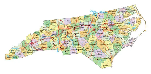 Vector illustration of North Carolina - Highly detailed editable political map with labeling.