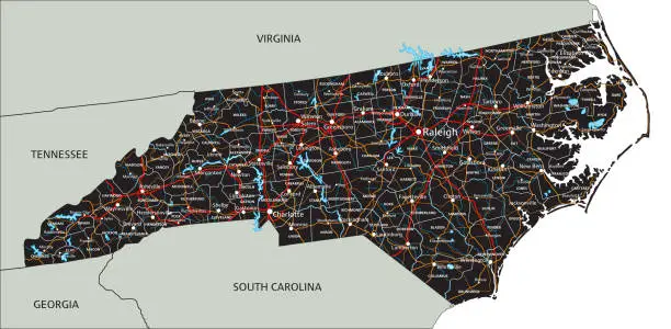 Vector illustration of High detailed North Carolina road map with labeling.