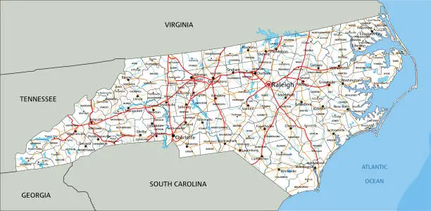 Vector illustration of High detailed North Carolina road map with labeling.