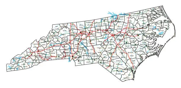 Vector illustration of North Carolina road and highway map. Vector illustration.