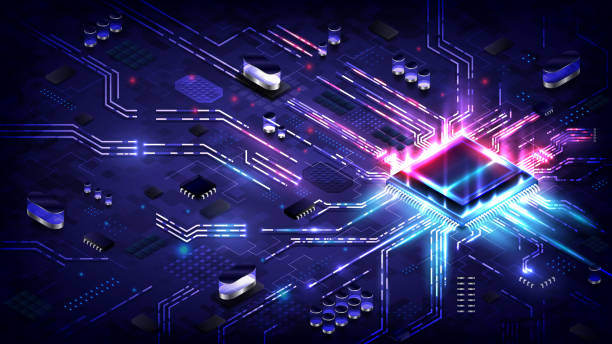 Abstract hardware and software background. Circuit board, Chip processor, Mainboard and code programmer. Hi-tech computer engineer. Cyberpunk tech and database coding. Blue and red neon light effect Abstract hardware and software background. Circuit board, Chip processor, Mainboard and code programmer. Hi-tech computer engineer. Cyberpunk tech and database coding. Blue and red neon light effect processor cores stock illustrations