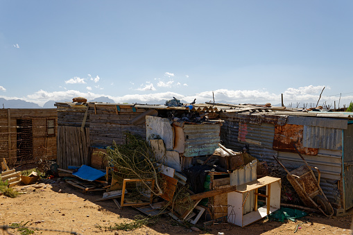 A photograph of a typical shack in an informal settlement in Worcester, Breede River Valley, South Africa.