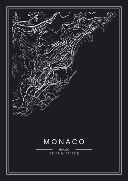 Vector illustration of Black and white printable Monaco city map, poster design, vector illistration.