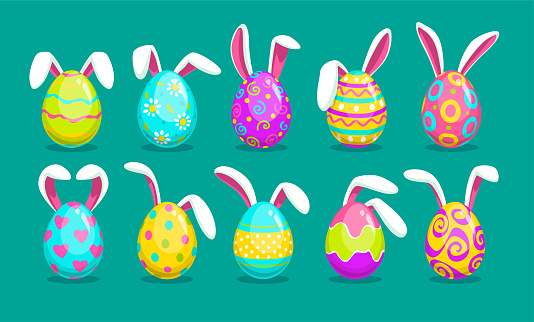Set of colored Easter Eggs with different patterns and cute white bunny ears. Colorful design elements for holiday greeting cards. Vector illustration.