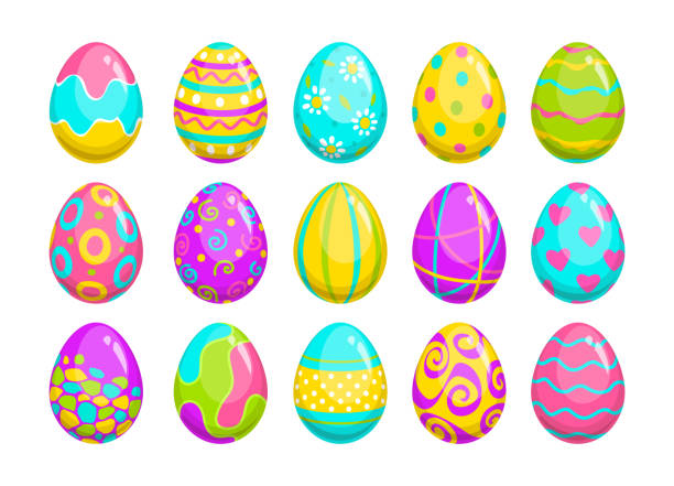 ilustraciones, imágenes clip art, dibujos animados e iconos de stock de conjunto de huevos de colores en estilo dibujos animados. - huevo de pascua de chocolate
