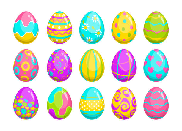 Set of colored eggs in cartoon style. Set of colored and decorated eggs in cartoon style. Traditional Easter holyday egg symbol with stripes, dots and patterns. Isolated colorful vecor icons on white background. egg stock illustrations