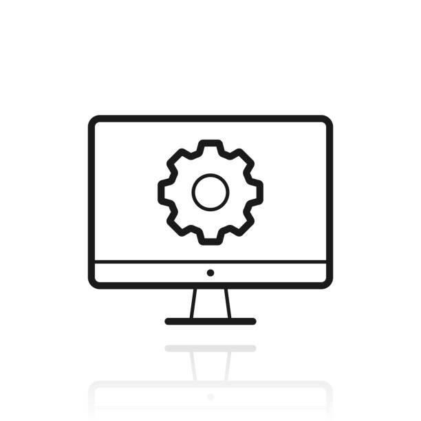 Desktop computer settings - Gears. Icon with reflection on white background Icon of "Desktop computer settings - Gears" with its reflection and isolated on a blank background. Vector Illustration (EPS file, well layered and grouped). Easy to edit, manipulate, resize or colorize. Vector and Jpeg file of different sizes. computer settings screen stock illustrations