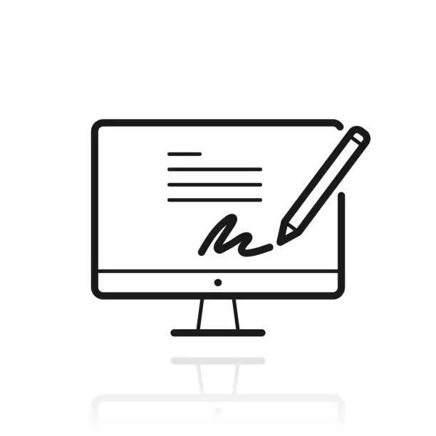 Vector illustration of Electronic signature on desktop computer. Icon with reflection on white background