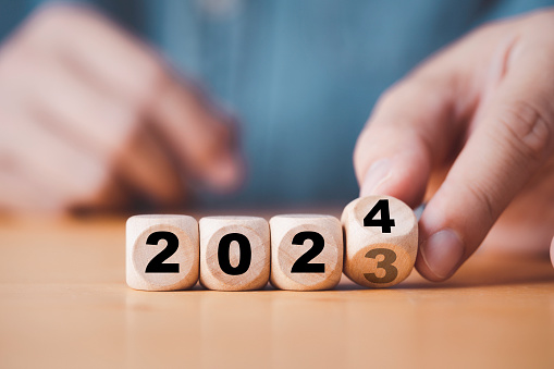 Volteo de mano de 2023 a 2024 en cubo de bloques de madera para la preparación del cambio de año nuevo y comenzar el nuevo concepto de estrategia de objetivo comercial. photo