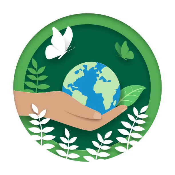 Vector illustration of Paper cut art, environmental conservation concept.