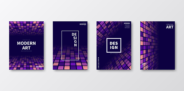 Set of four vertical brochure templates with modern and trendy backgrounds, isolated on blank background. Geometric illustrations with mosaics of squares and beautiful color gradient, looking like a dance floor (colors used: Pink, Purple, Black). Can be used for different designs, such as brochure, cover design, magazine, business annual report, flyer, leaflet, presentations... Template for your own design, with space for your text. The layers are named to facilitate your customization. Vector Illustration (EPS file, well layered and grouped). Easy to edit, manipulate, resize or colorize. Vector and Jpeg file of different sizes.