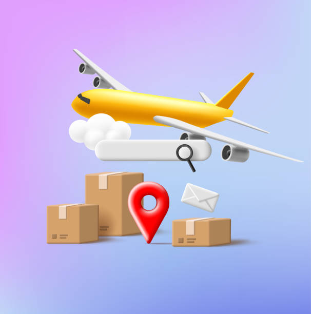 istock Shippment online tracking 3d render composition with carton boxes and yellow airplaine, search field UI element 1460986995