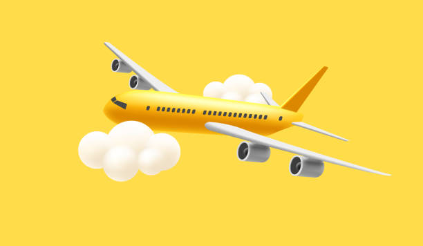 istock 3D yellow Glossy Commercial Jet Airplane in the clouds render cartoon illustration 1460987067