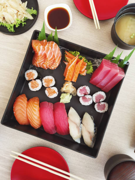 istock Closeup of fresh sushi on ceramic dish 1460991536