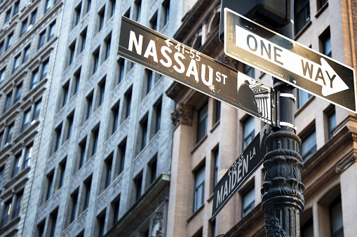 Nassau and Maiden direction signs, Lower Manhattan, NYC.