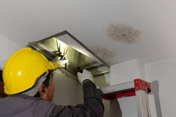 Worker fix leaking pipe in ceiling ,close-up of a stain on the ceiling.