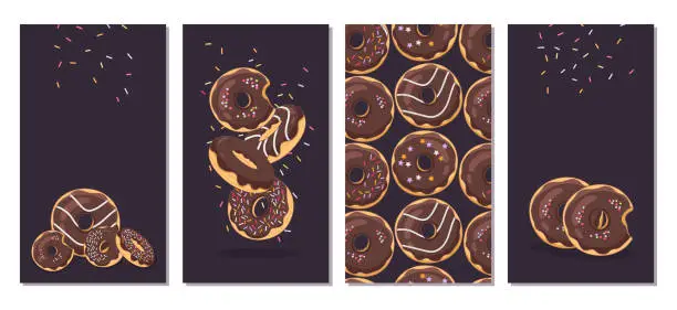 Vector illustration of A set of delicious donuts with chocolate icing and various toppings on a dark background. Pattern of chocolate donuts. The illustrations are perfect for screensavers, phone backgrounds, stories. Vector