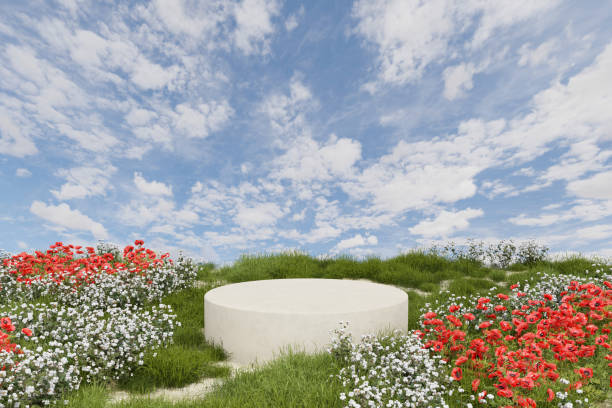 istock Abstact 3d render spring scene and Natural podium background,  White stone podium on the red flowers and grass field, backdrop  sky and clouds for product display advertising, cosmetic or etc 1460992290