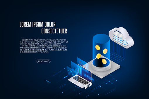 Vector isometric laptop finance and trading online application concept. Laptop and coint with cloud.