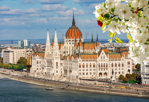 Hungarian parliament building and Danube river in spring, Budapest, Hungary